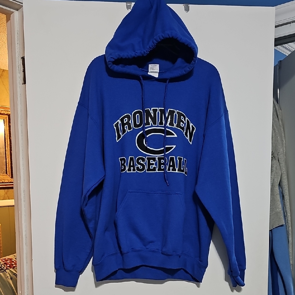Gildan Blue Ironmen Baseball Hoodie Heavy Blend Sz Large EUC Poly Cotton Blend